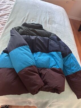 Colorblock Puffer Jacket in Black, Teal & Brown